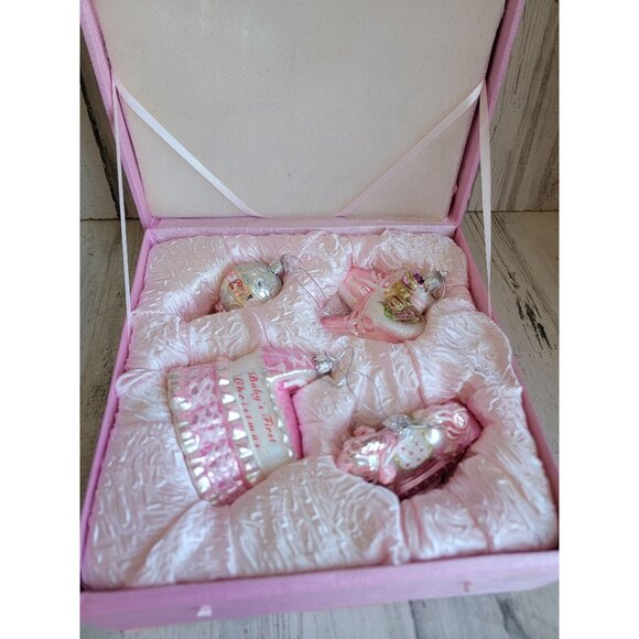 Kurt Adler baby's first Christmas girl Pink glitter ornament Xmas set - Picture 2 of 13